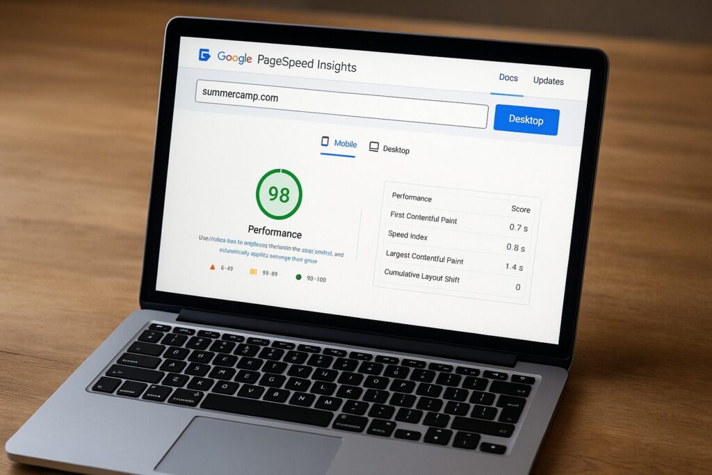 SEO for Camps: How to Get More Registrations from Google 2 Screenshot of SEO Pagespeed Insights for summercamp.com website