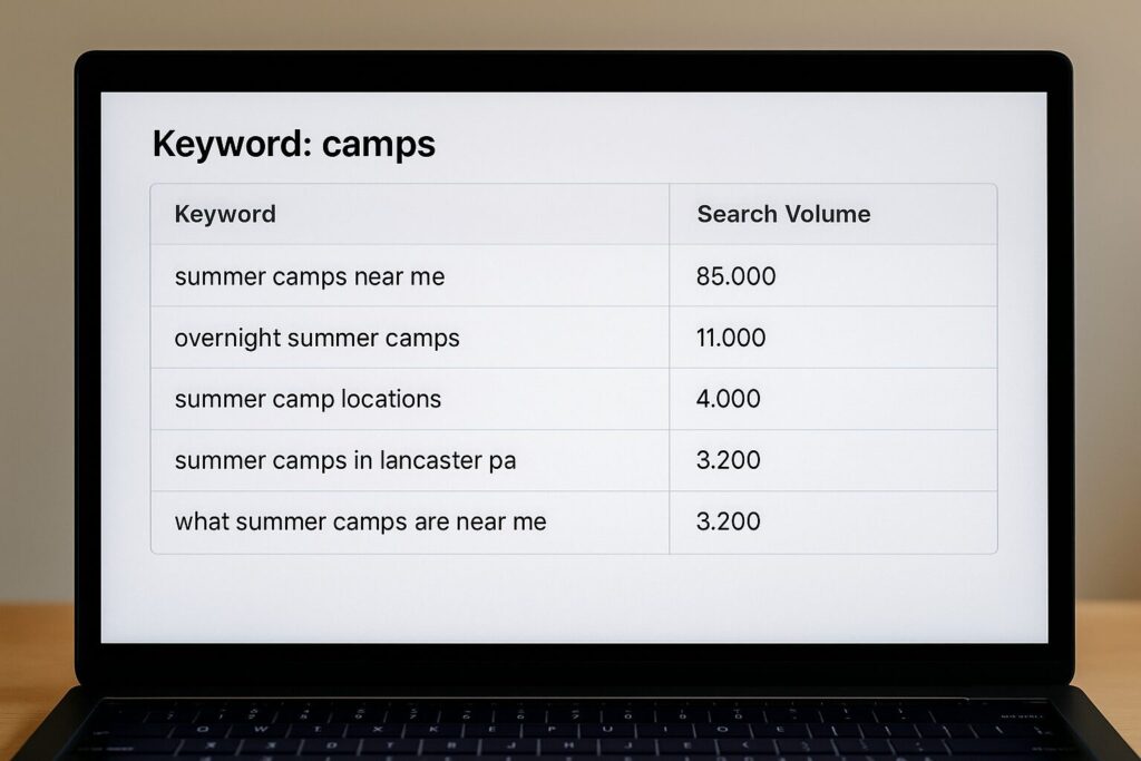 SEO for Camps: How to Get More Registrations from Google 1 Screenshot showing Camp SEO Keyword Research
