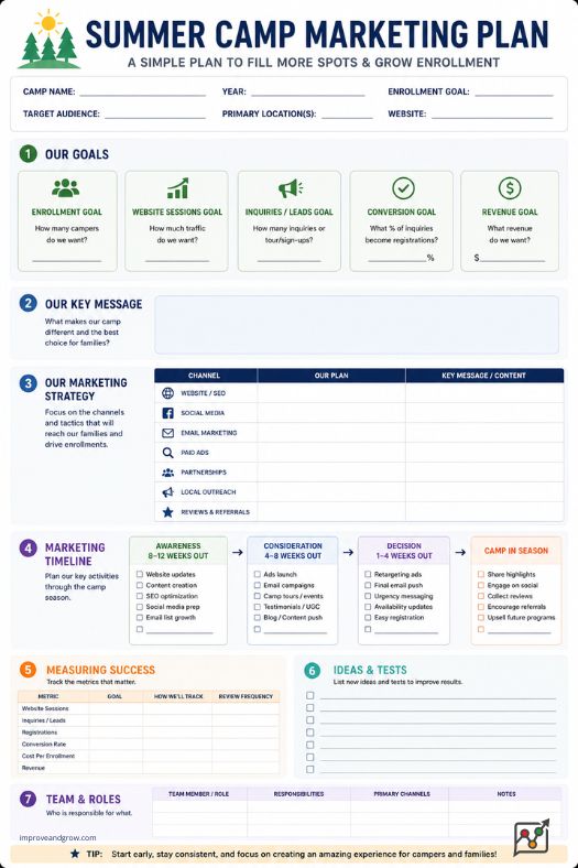 Summer Camp Marketing: How To Increase Enrollment & Fill Your Camp Faster 4 Simple Summer Camp Marketing Plan Template worksheet with sections for enrollment goals, marketing channels, campaign planning, messaging, lead tracking, and registration strategy. Clean one-page visual designed to help camps organize and improve their marketing efforts.
